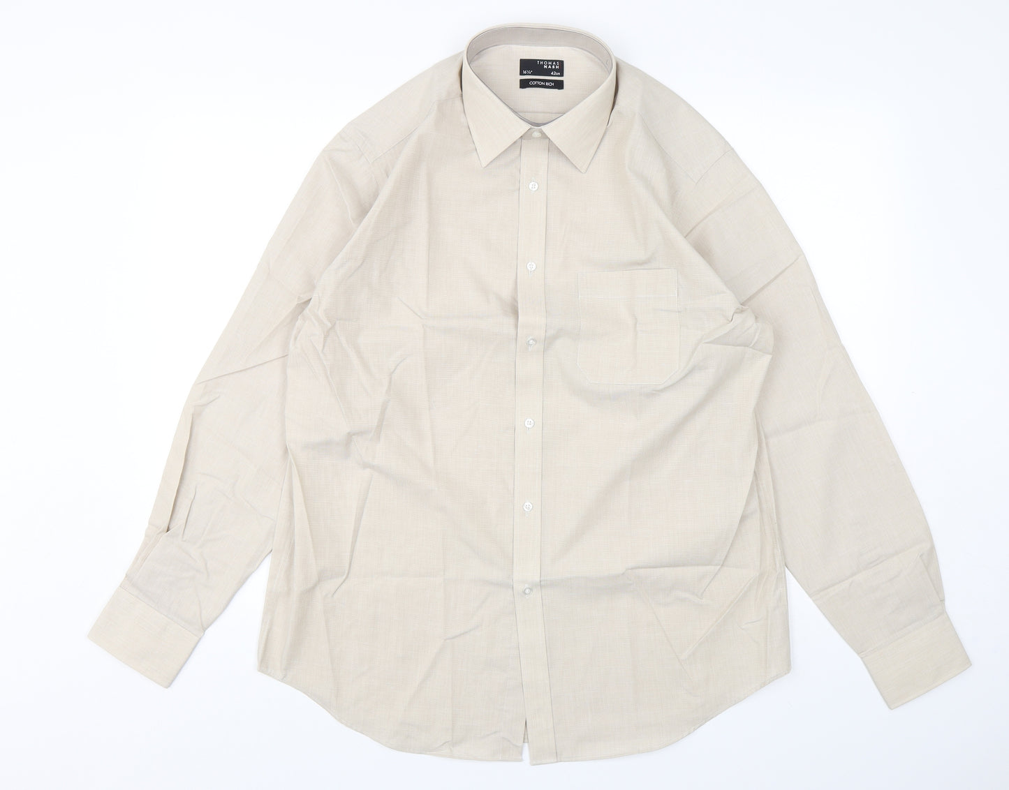 Thomas Nash Mens Beige  Cotton  Dress Shirt Size 16.5 Collared Button