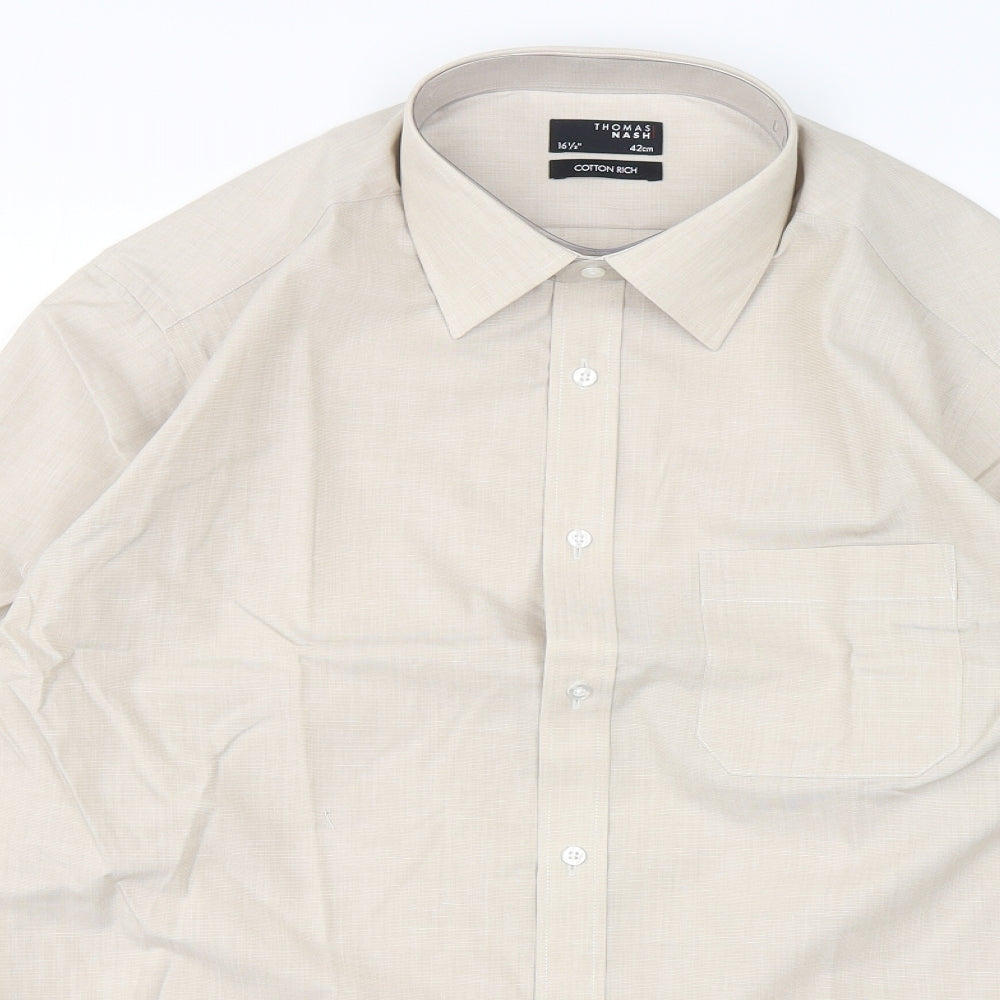 Thomas Nash Mens Beige  Cotton  Dress Shirt Size 16.5 Collared Button