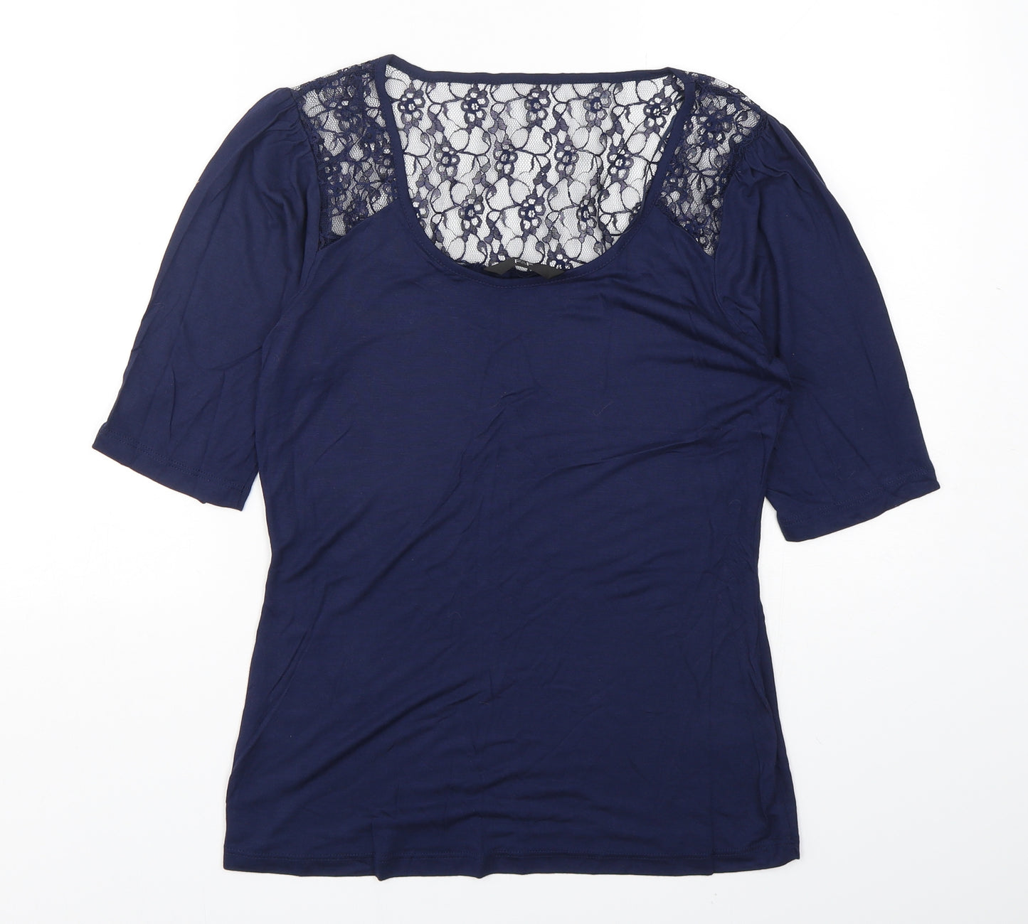 F&F Womens Blue Floral Polyester Basic T-Shirt Size 12 Round Neck