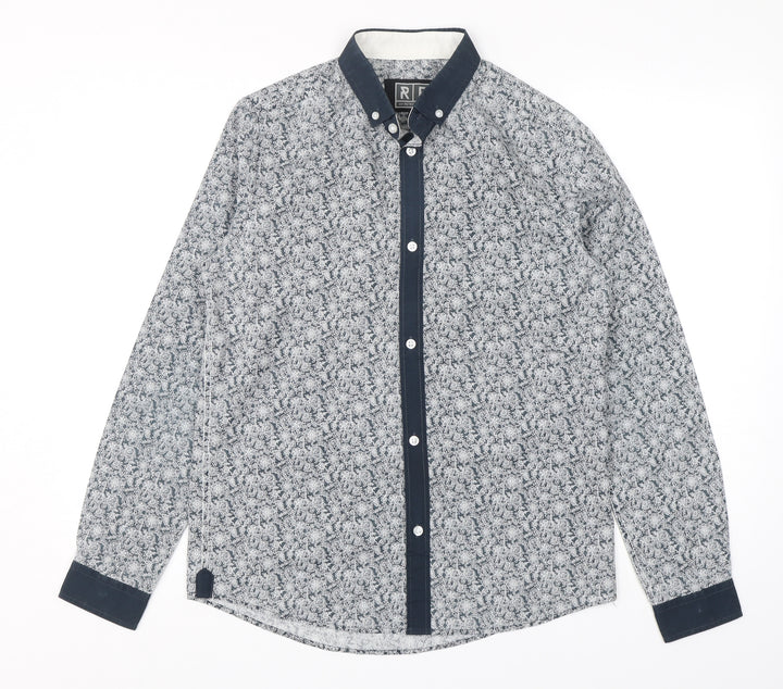 Retro Fire Mens Grey Paisley Polyester Button-Up Size S Collared Button