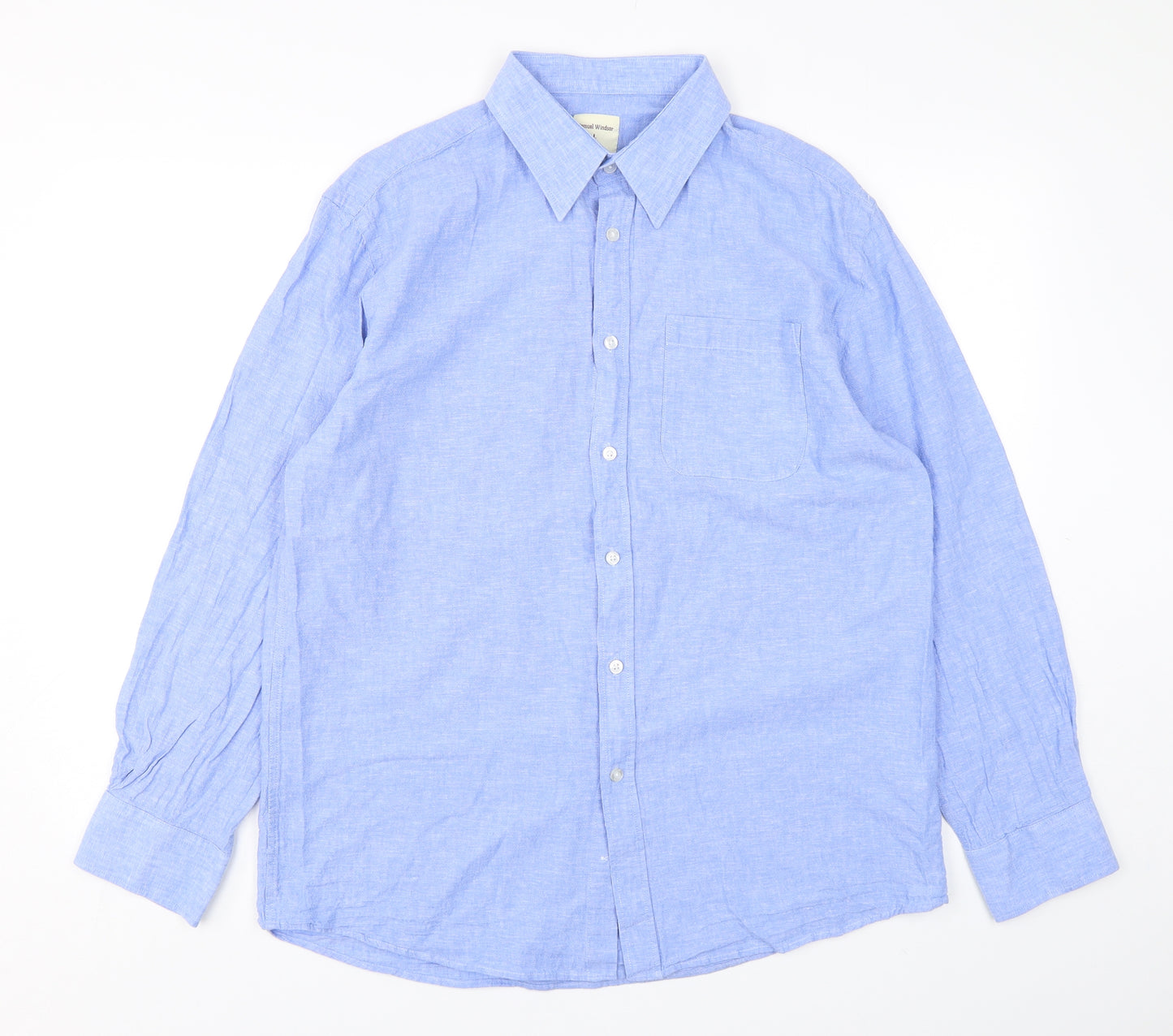 Samuel Windsor Mens Blue  Linen  Button-Up Size L Collared Button