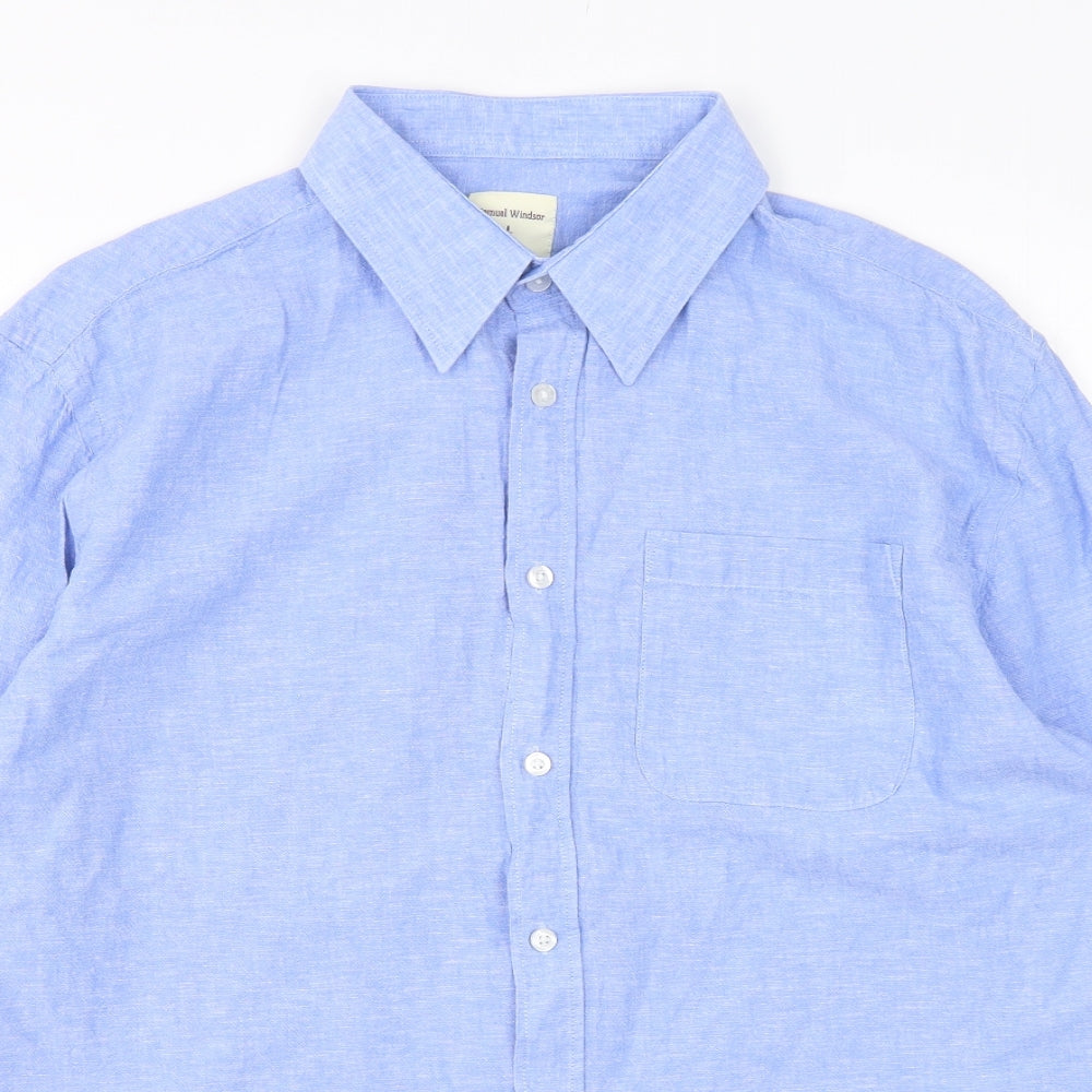Samuel Windsor Mens Blue  Linen  Button-Up Size L Collared Button