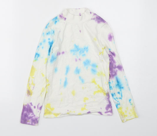 Front view of Next girls’ multicoloured geometric cotton basic t-shirt, size 9, years mock neck pullover - tie dye