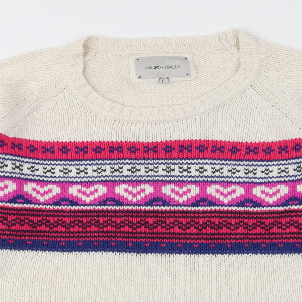 Plaza Italia Womens Ivory Round Neck Fair Isle Polyester Pullover Jumper Size L