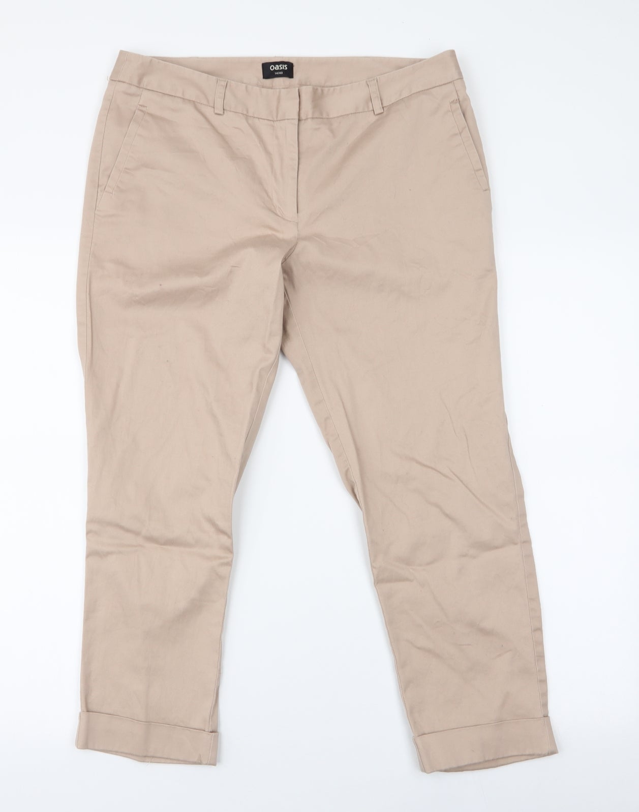 Oasis Womens Beige  Cotton Capri Trousers Size 14 L23 in Regular Zip
