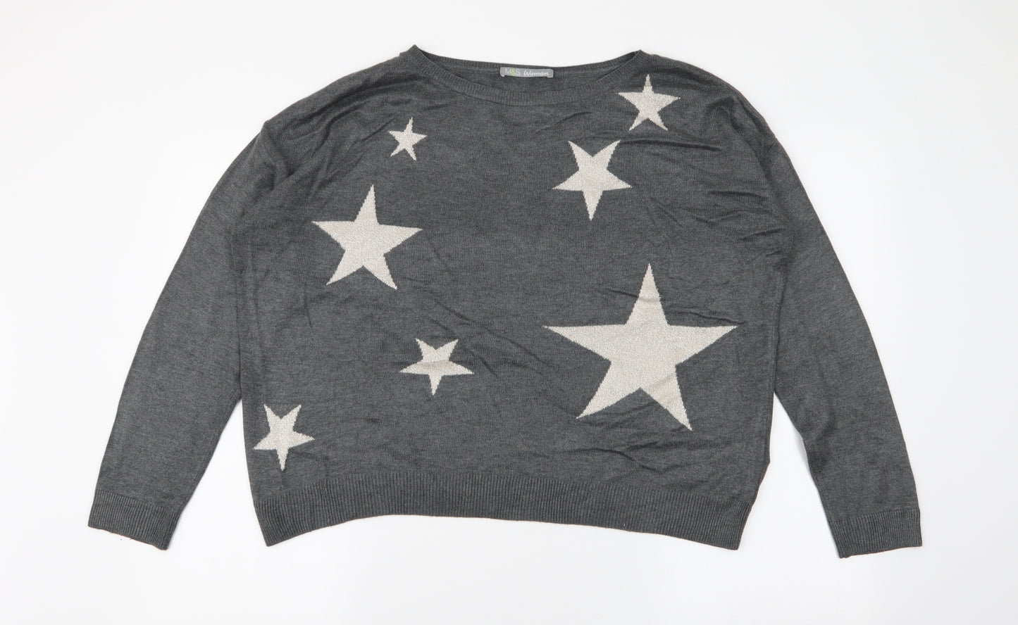Marks and Spencer Womens Grey Round Neck  Acrylic Pullover Jumper Size 12   - Stars