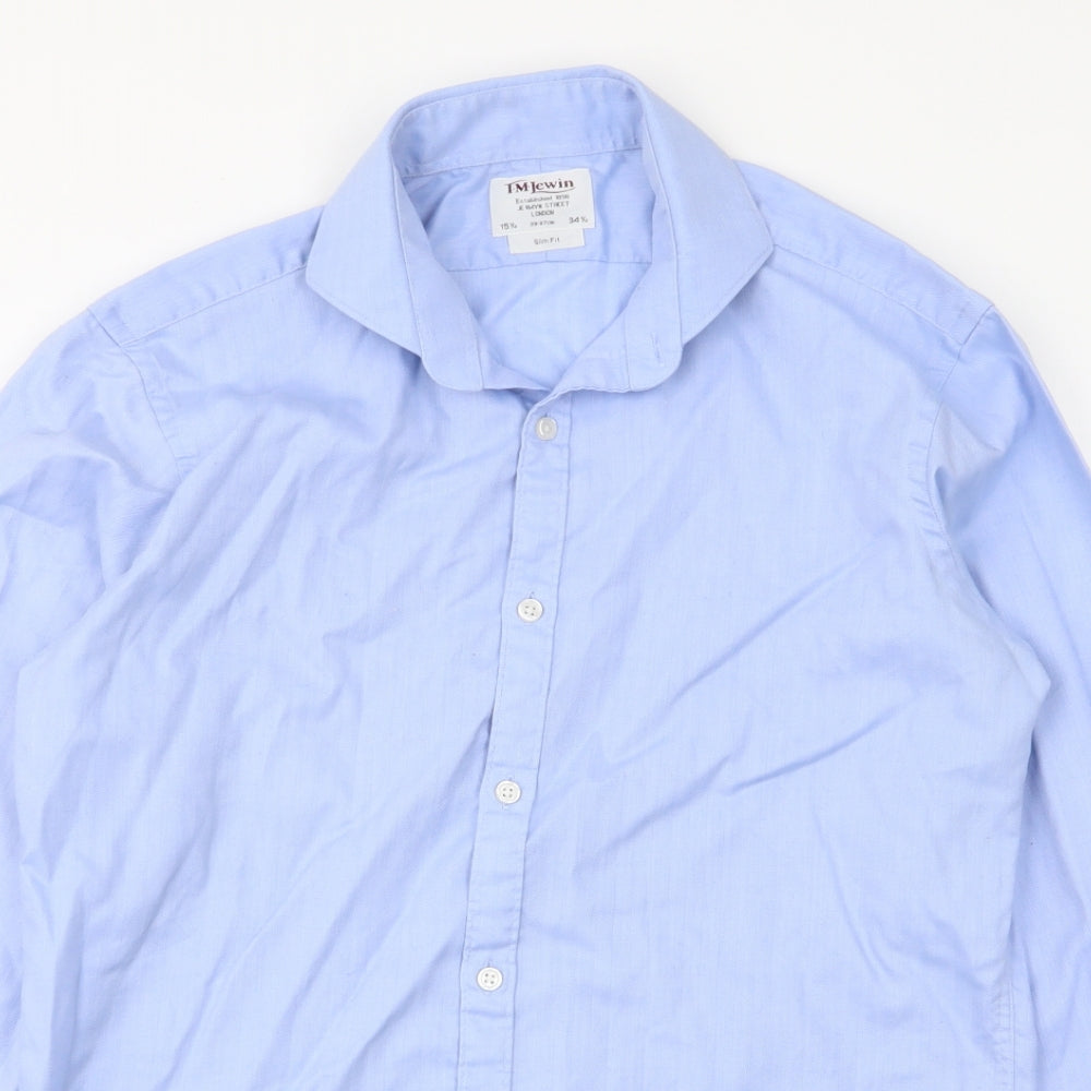 T.M. Lewin Mens Blue  Cotton  Button-Up Size 15.5 Collared Button