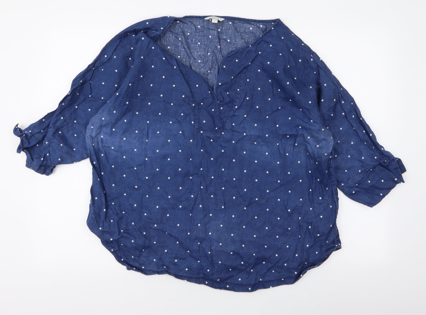 Monsoon Womens Blue Polka Dot Linen Basic Blouse Size L V-Neck