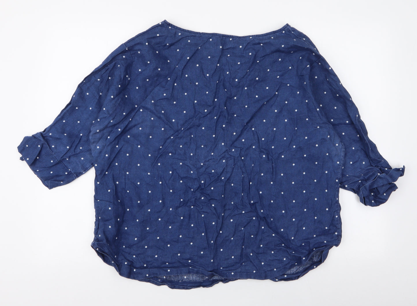 Monsoon Womens Blue Polka Dot Linen Basic Blouse Size L V-Neck
