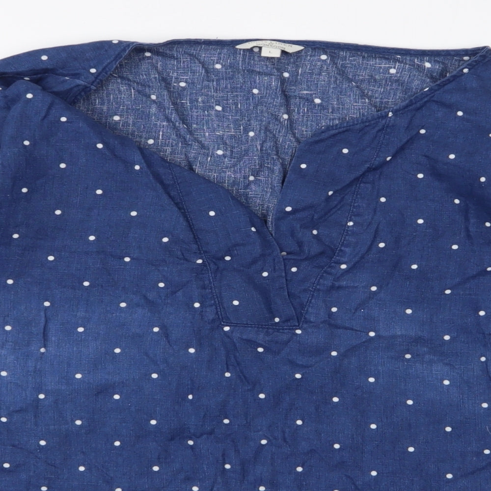 Monsoon Womens Blue Polka Dot Linen Basic Blouse Size L V-Neck