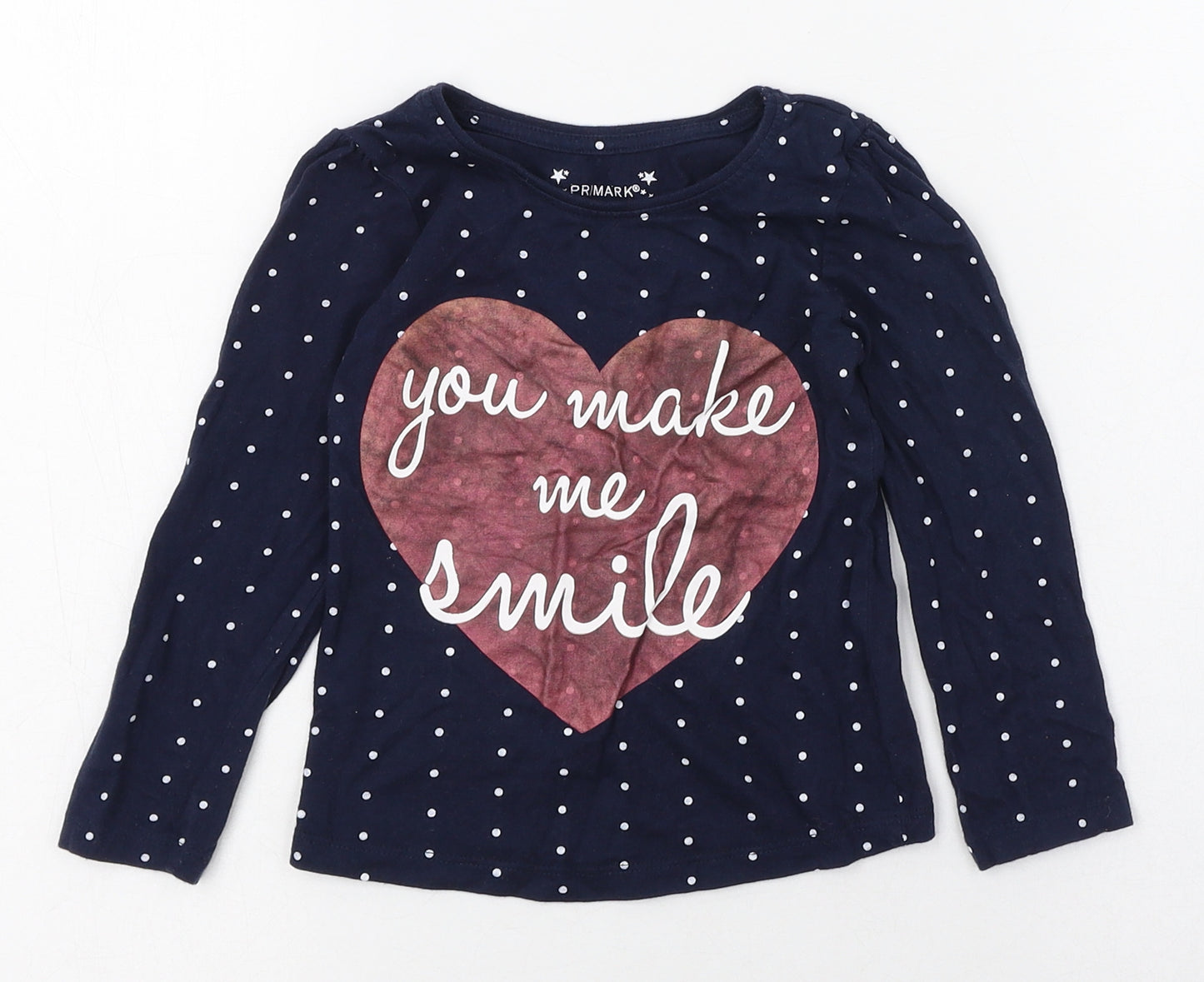 Primark Girls Blue Polka Dot 100% Cotton Pullover T-Shirt Size 2-3 Years Round Neck