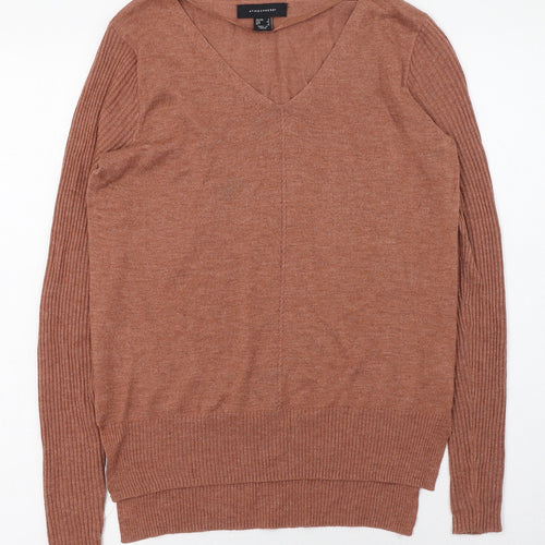 Primark Womens Brown V-Neck  Acrylic Pullover Jumper Size 6   - Ribbed sleeves