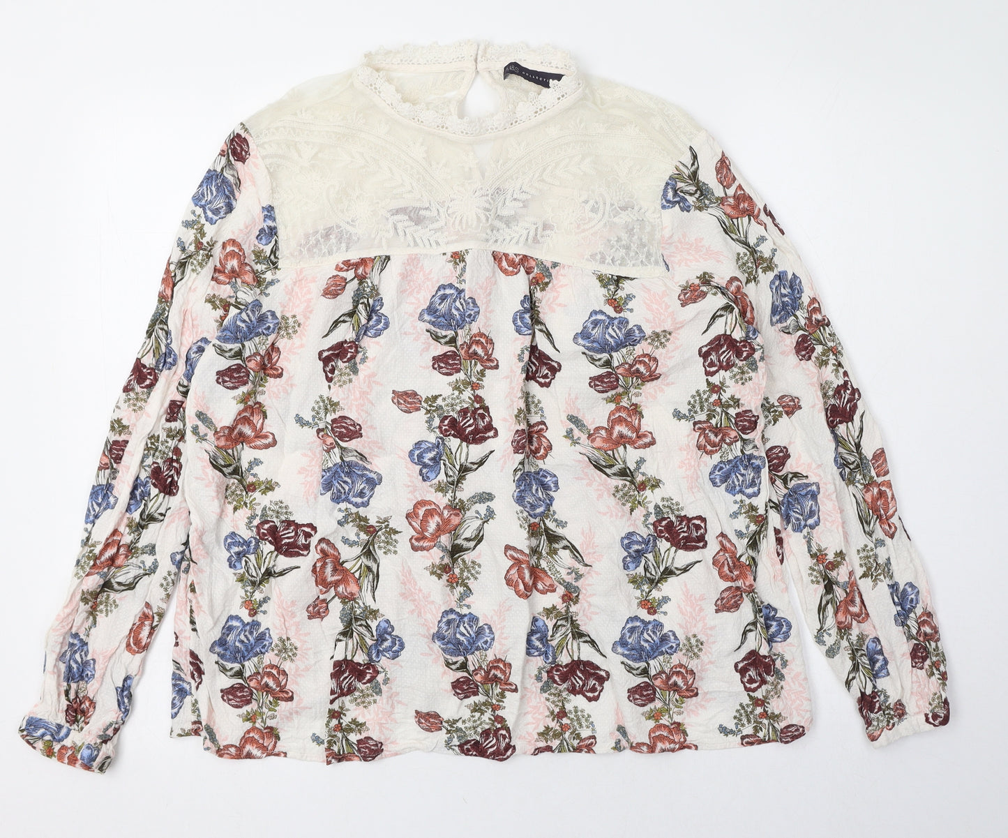Marks and Spencer Womens Ivory Floral Viscose Basic Blouse Size 14 Mock Neck