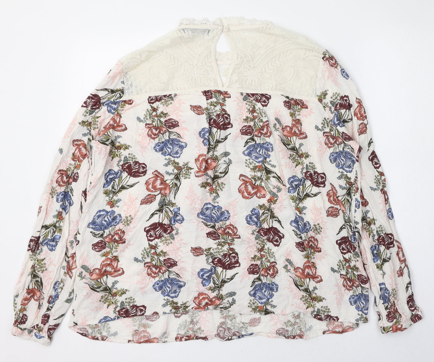 Marks and Spencer Womens Ivory Floral Viscose Basic Blouse Size 14 Mock Neck