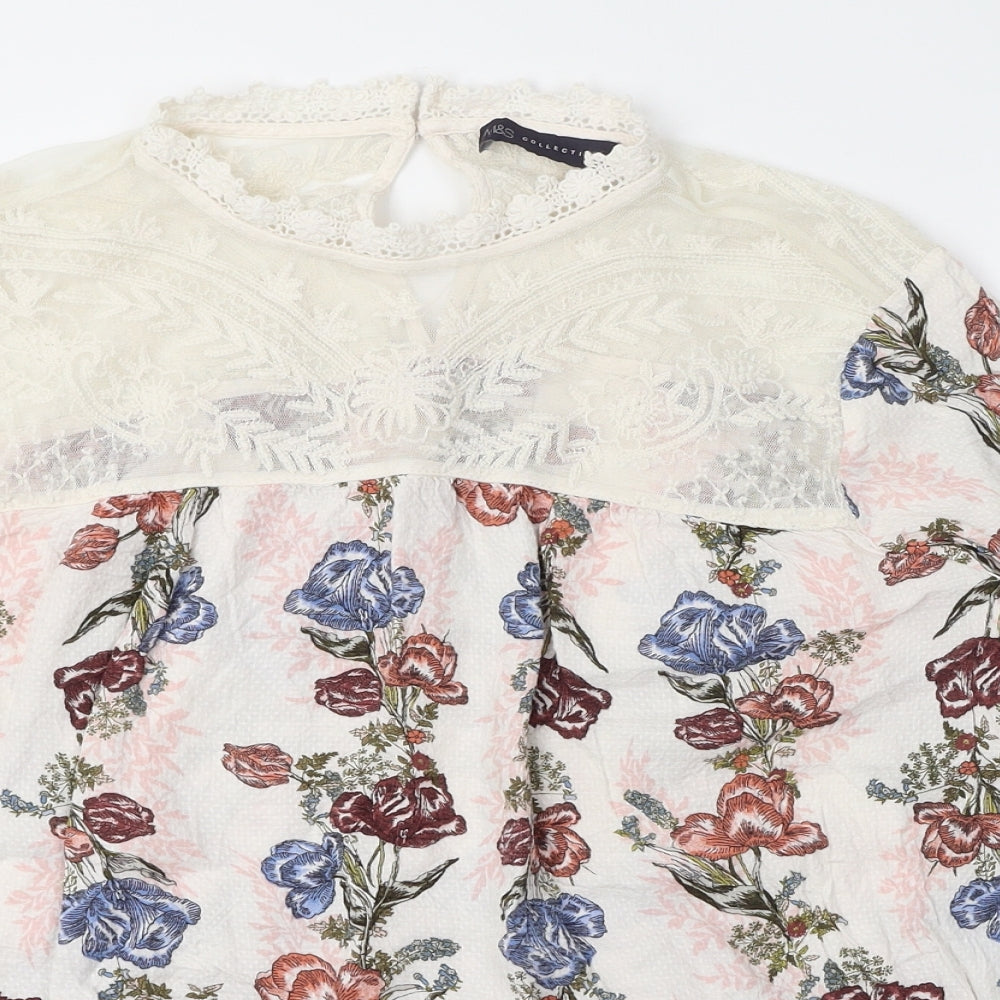 Marks and Spencer Womens Ivory Floral Viscose Basic Blouse Size 14 Mock Neck