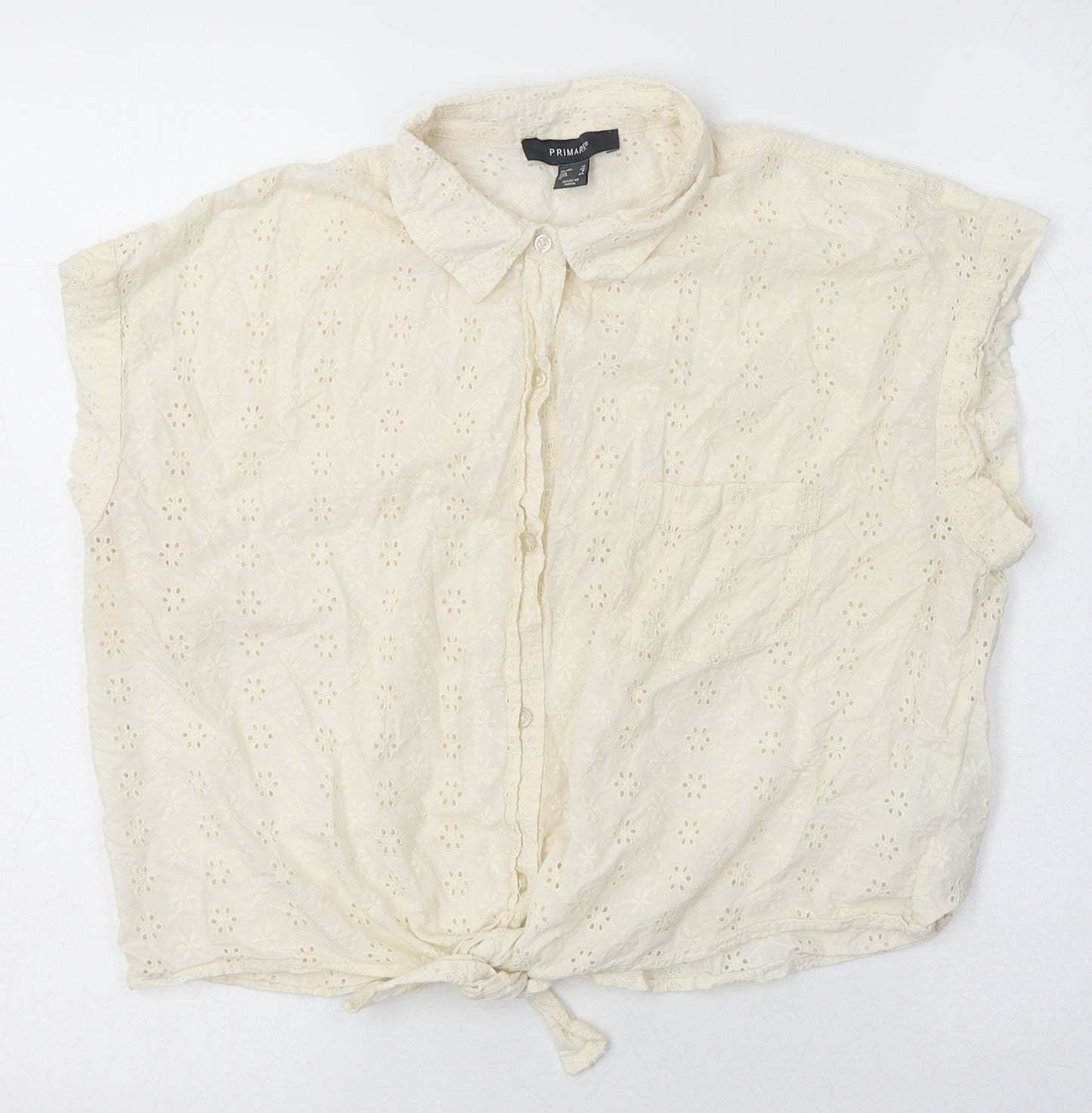 Primark Womens Ivory  Cotton Cropped Blouse Size 12 Collared - Tie front