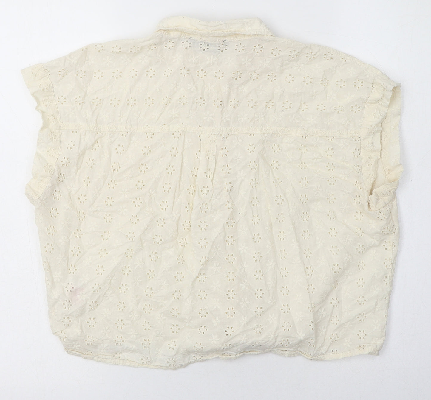Primark Womens Ivory  Cotton Cropped Blouse Size 12 Collared - Tie front