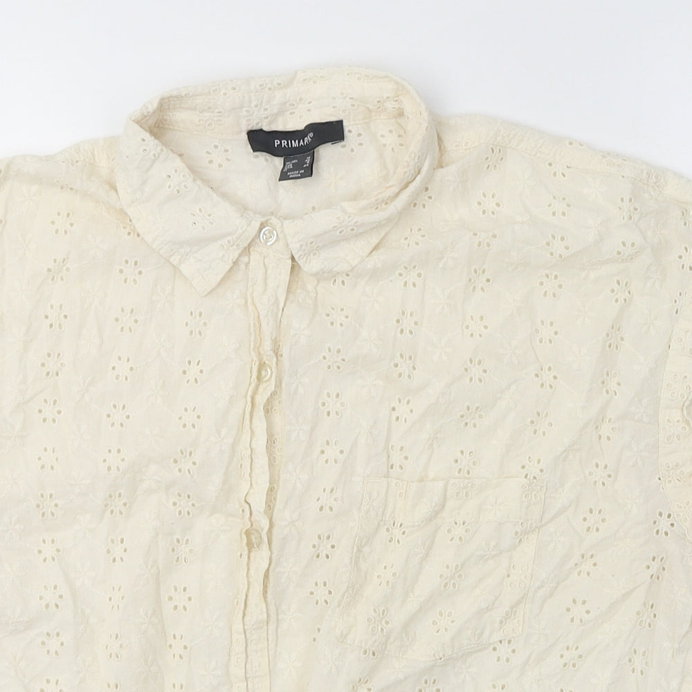 Primark Womens Ivory  Cotton Cropped Blouse Size 12 Collared - Tie front