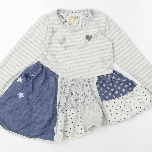 NEXT Girls Grey Patchwork Cotton Skater Dress  Size 2-3 Years  Round Neck Pullover