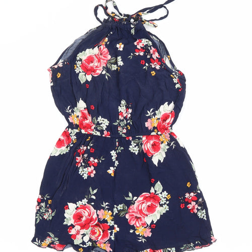 New Look Womens Blue Floral Viscose Playsuit One-Piece Size 10  Tie