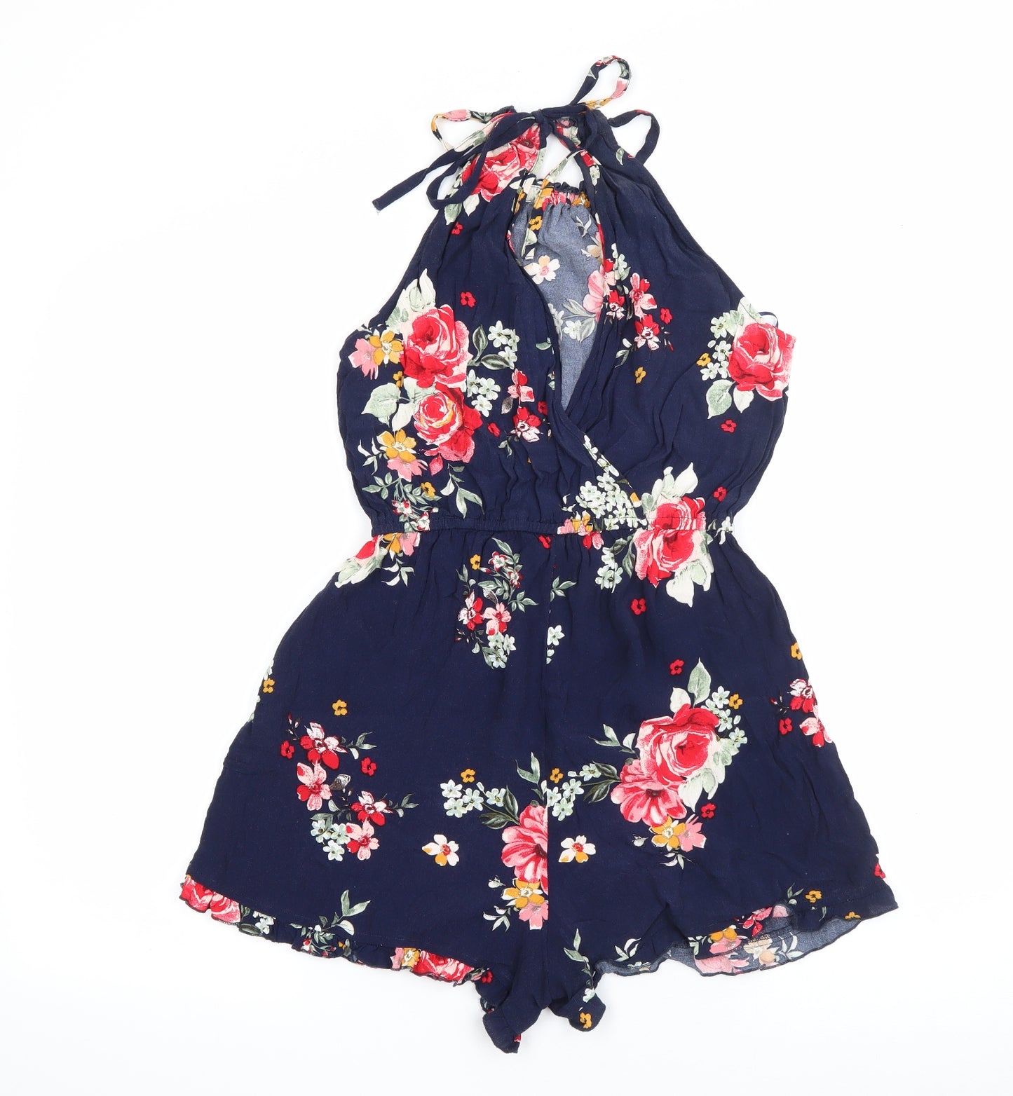 New Look Womens Blue Floral Viscose Playsuit One-Piece Size 10  Tie