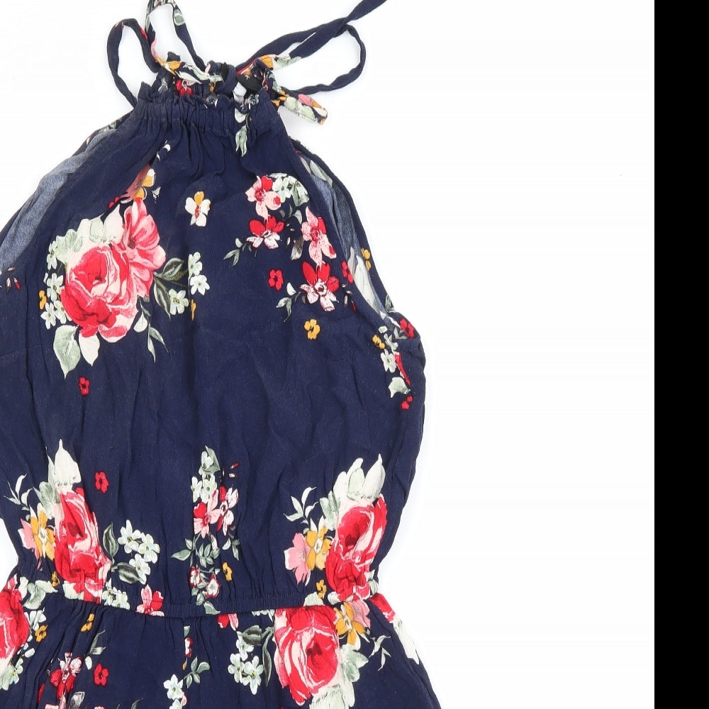 New Look Womens Blue Floral Viscose Playsuit One-Piece Size 10  Tie