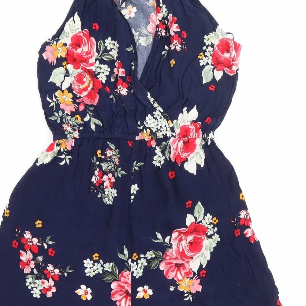 New Look Womens Blue Floral Viscose Playsuit One-Piece Size 10  Tie