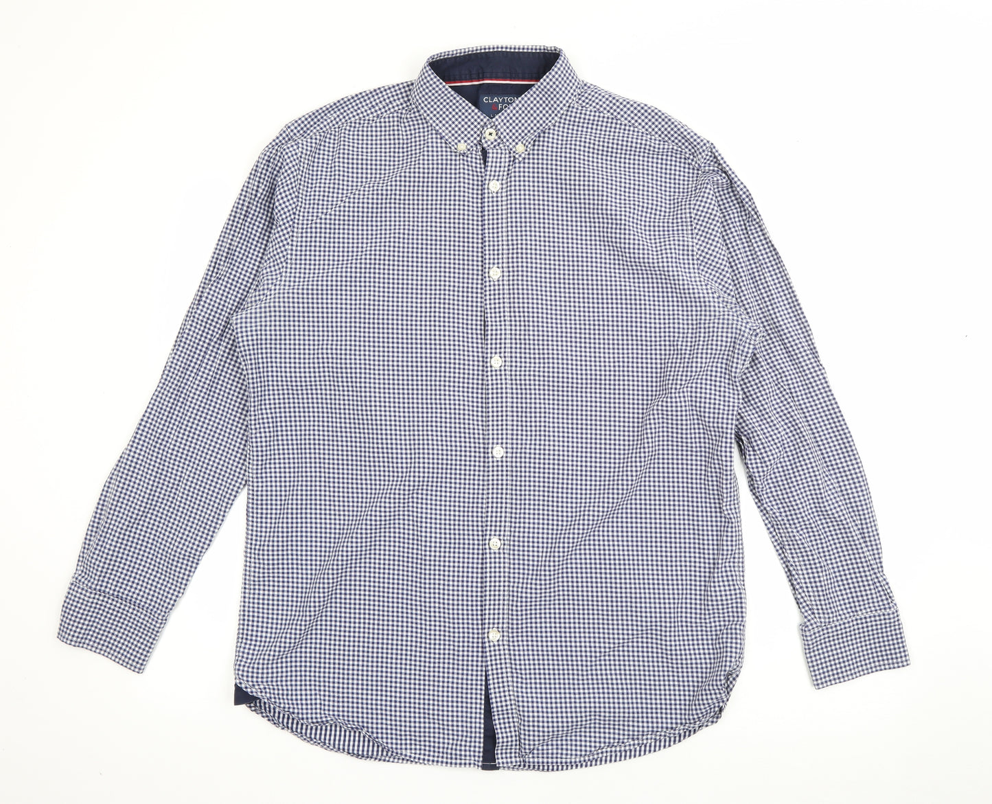 Clayton & Ford Mens Blue Check Cotton  Button-Up Size L Collared Button