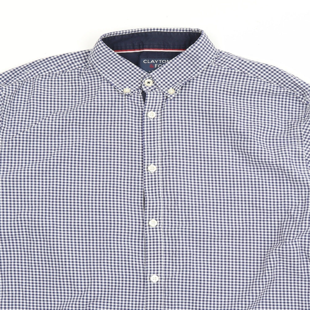 Clayton & Ford Mens Blue Check Cotton  Button-Up Size L Collared Button