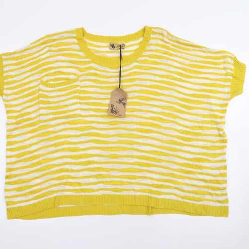 Katsumi Womens Yellow Crew Neck Striped Acrylic Pullover Jumper Size M