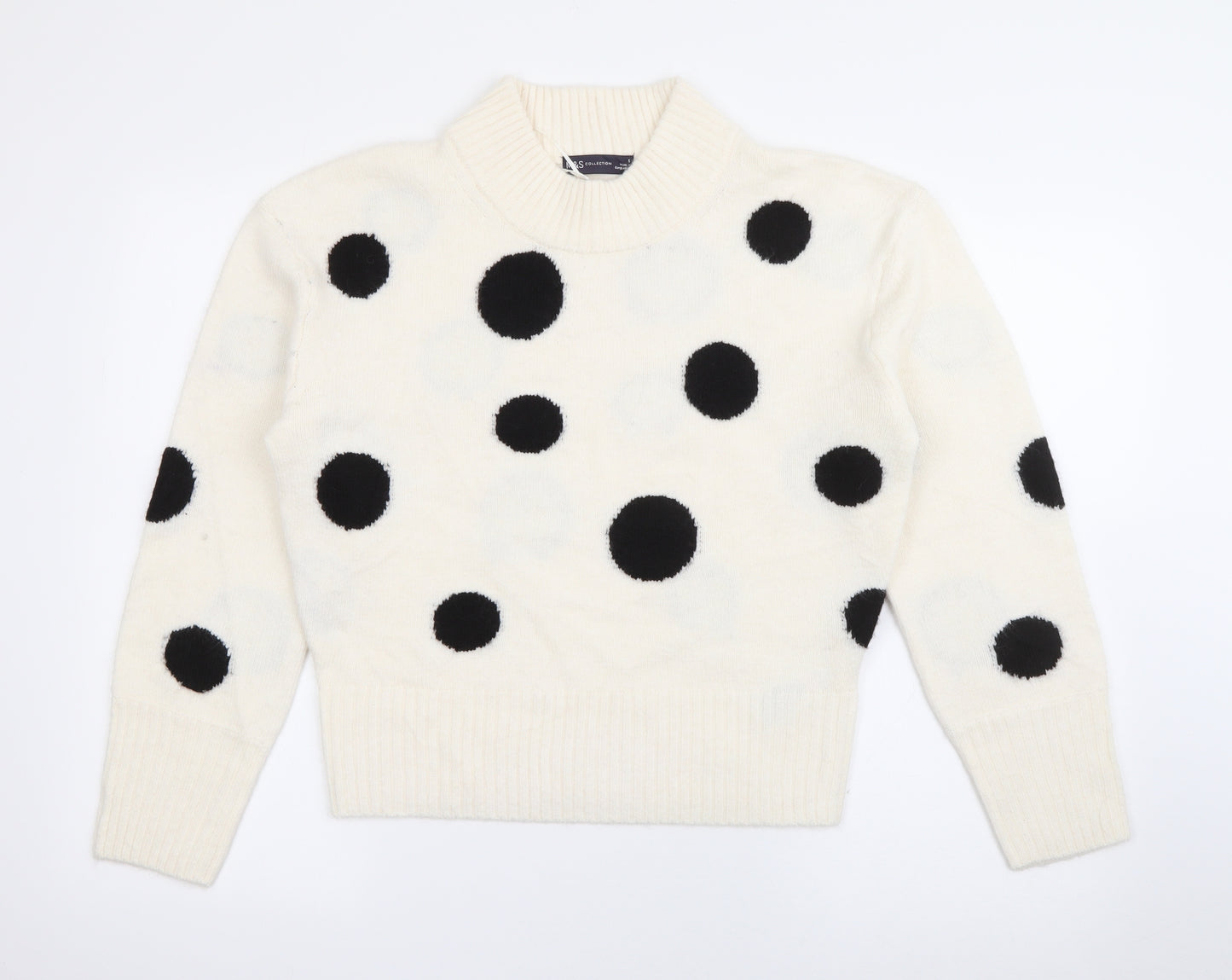 Marks and Spencer Womens White High Neck Polka Dot Acrylic Pullover Jumper Size S