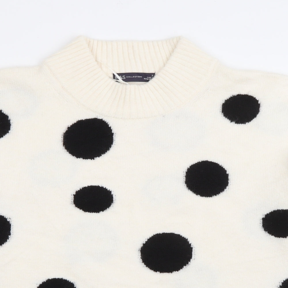 Marks and Spencer Womens White High Neck Polka Dot Acrylic Pullover Jumper Size S