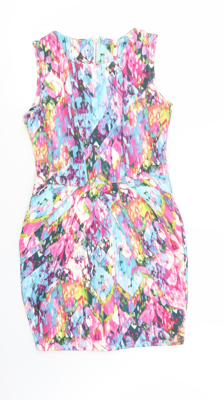 Internacionale Womens Multicoloured Geometric Polyester Pencil Dress  Size S  Scoop Neck Zip