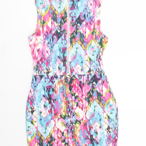 Internacionale Womens Multicoloured Geometric Polyester Pencil Dress  Size S  Scoop Neck Zip