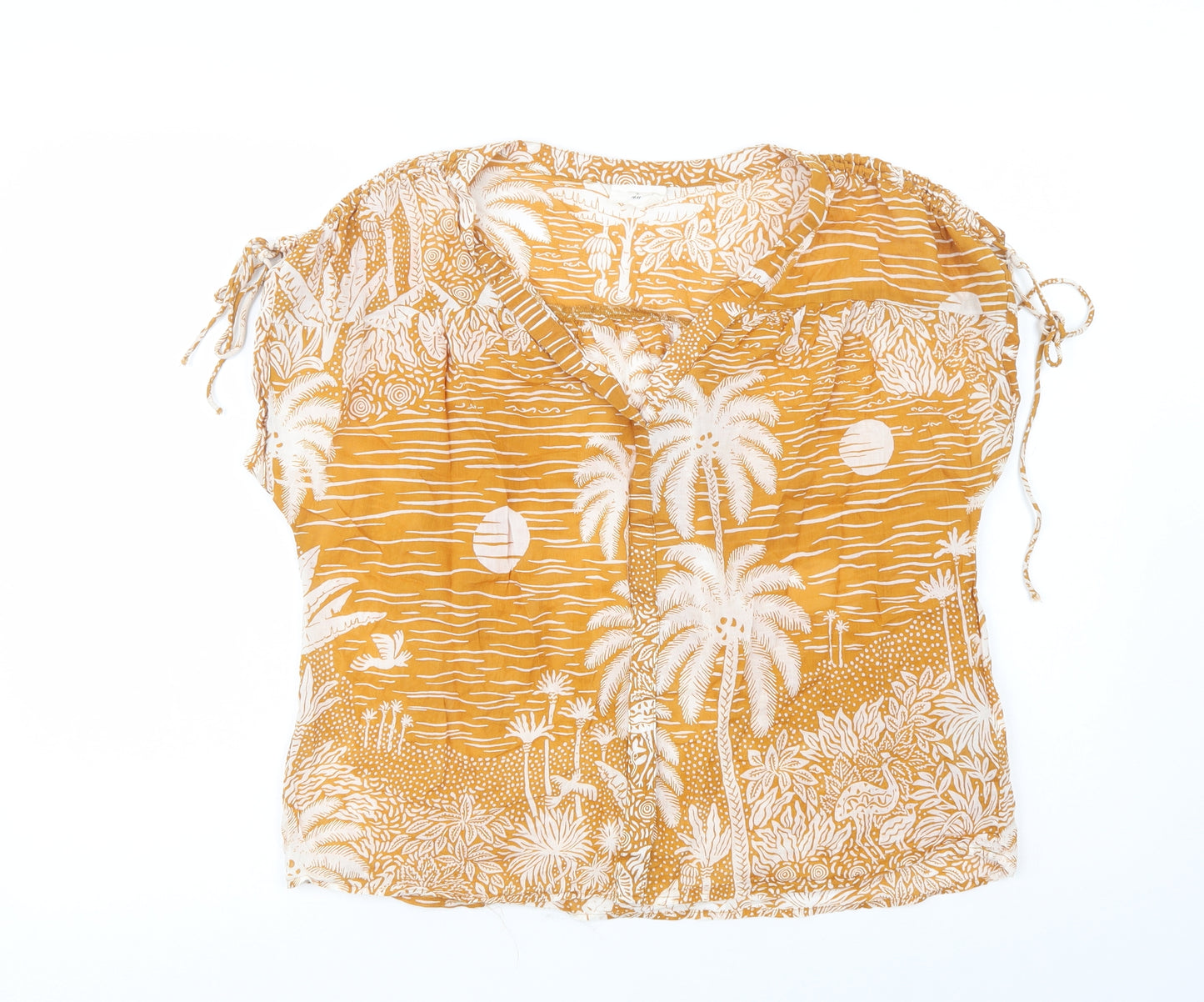 H&M Womens Orange Floral Cotton Basic Blouse Size S V-Neck - Palm Tree
