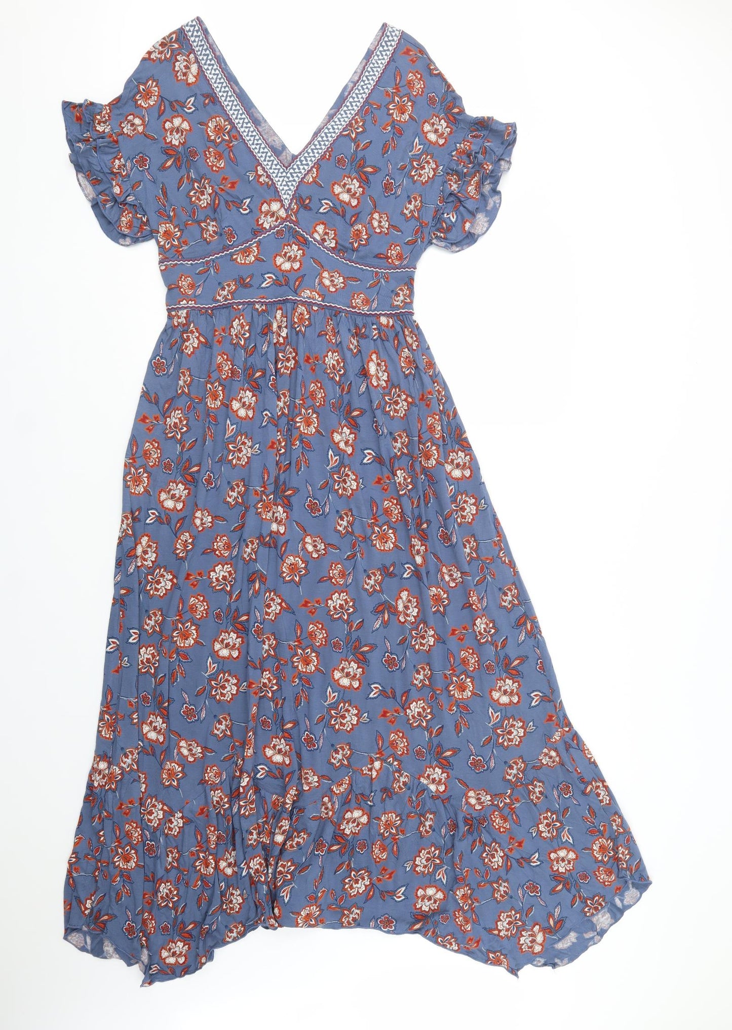 Monsoon Womens Blue Floral Viscose Maxi  Size S  V-Neck Pullover