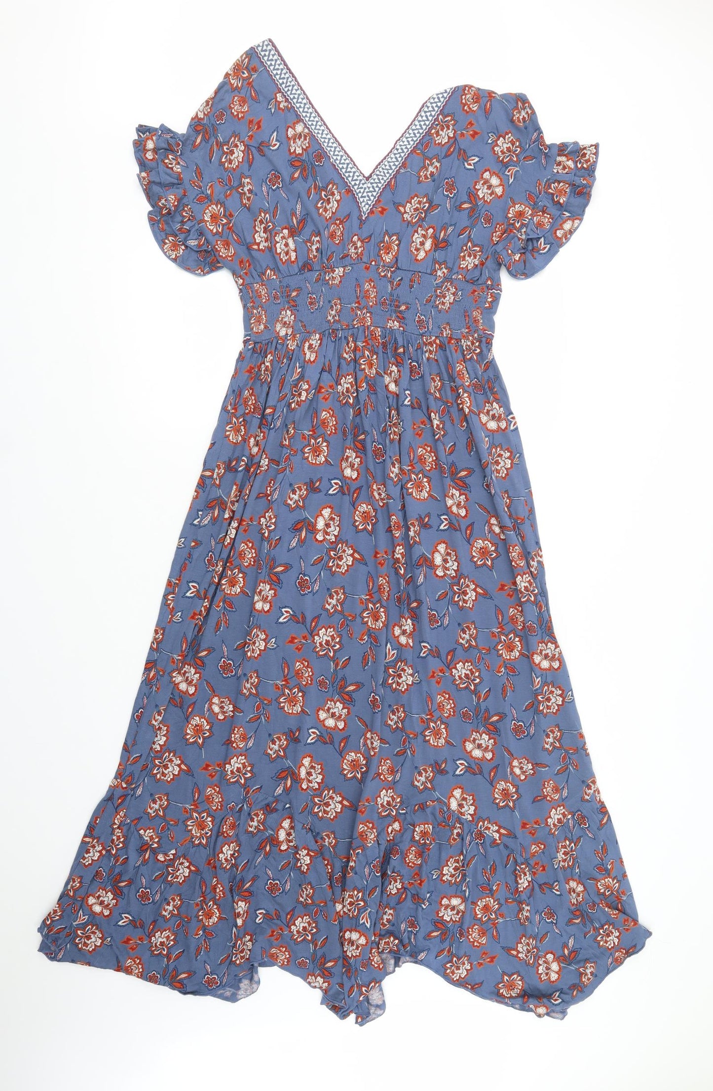 Monsoon Womens Blue Floral Viscose Maxi  Size S  V-Neck Pullover