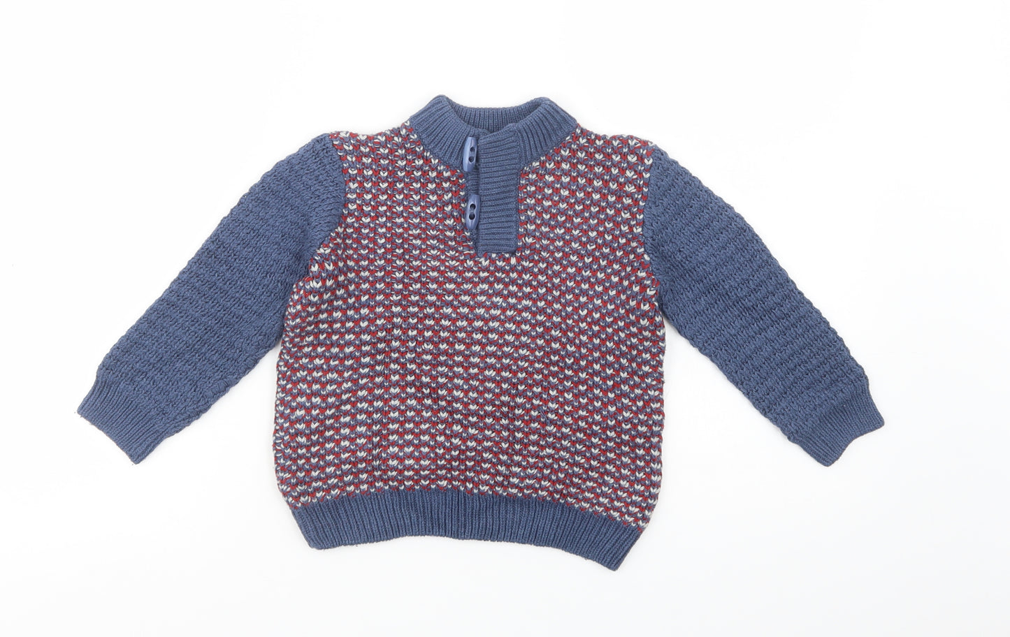 Matalan Boys Blue Mock Neck Geometric Cotton Pullover Jumper Size 2-3 Years  Button