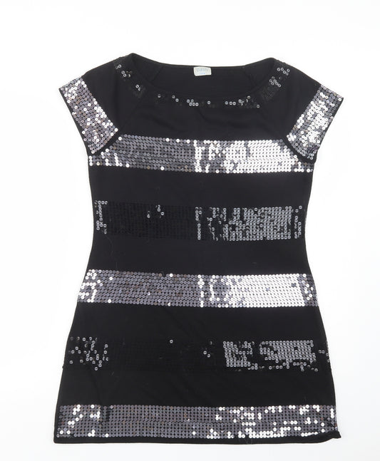 Front view of Oasis women’s black striped polyester shift, size UK 12, round neck pullover