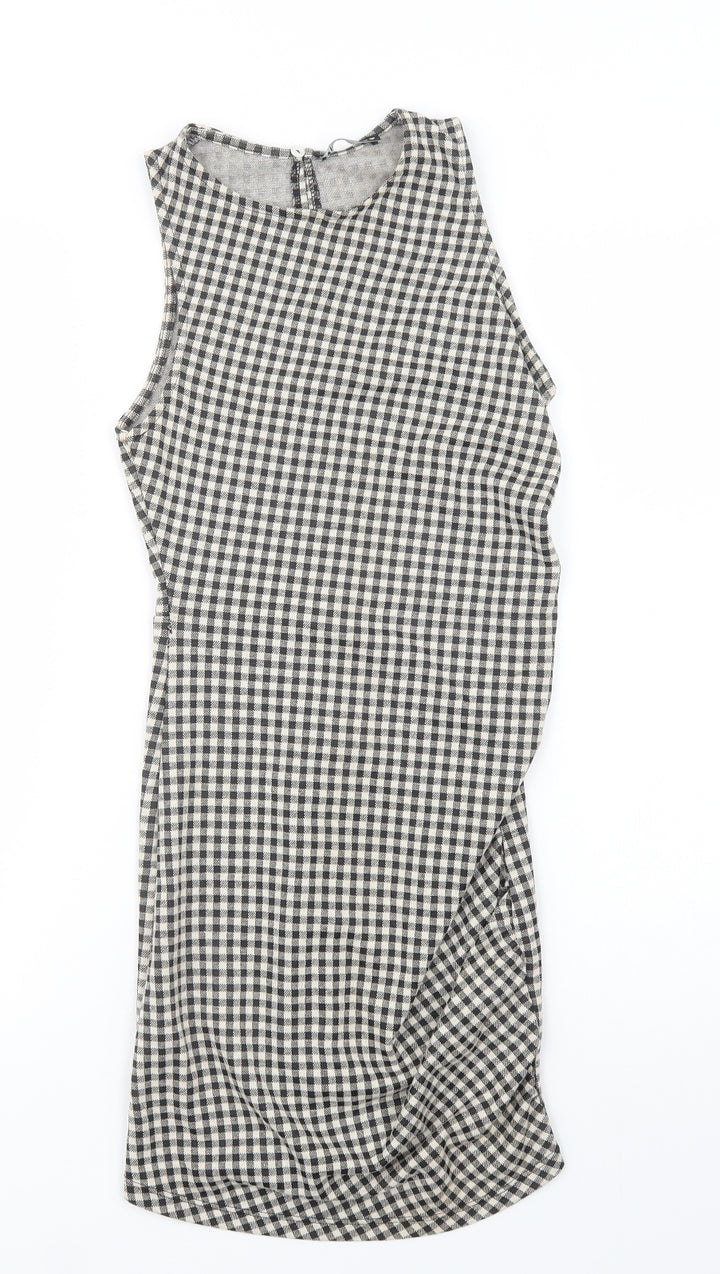 Zara Womens Grey Check Polyester Bodycon Size S Crew Neck Button