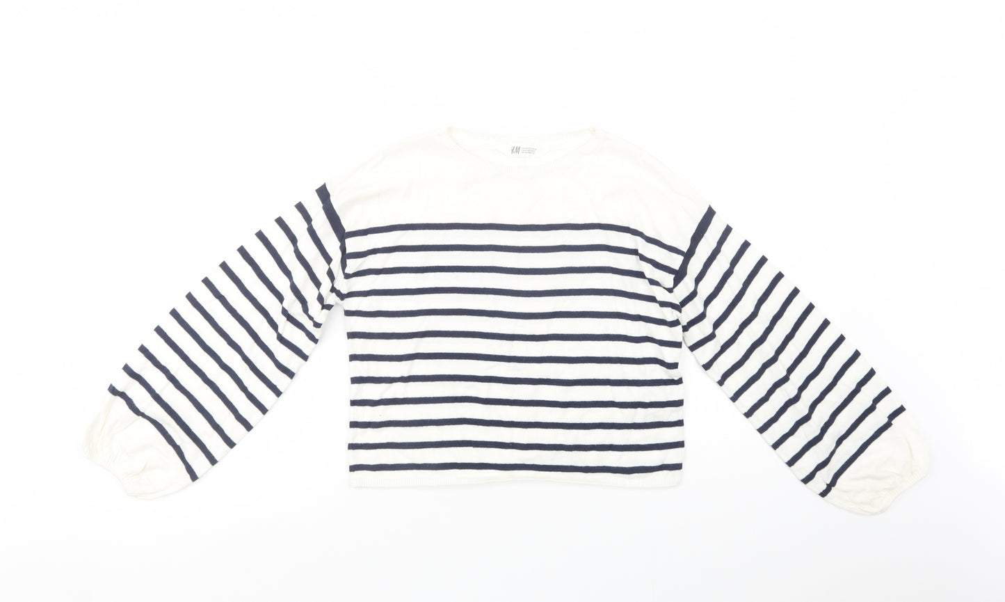 H&M Girls White Crew Neck Striped Cotton Pullover Jumper Size 11-12 Years  Pullover