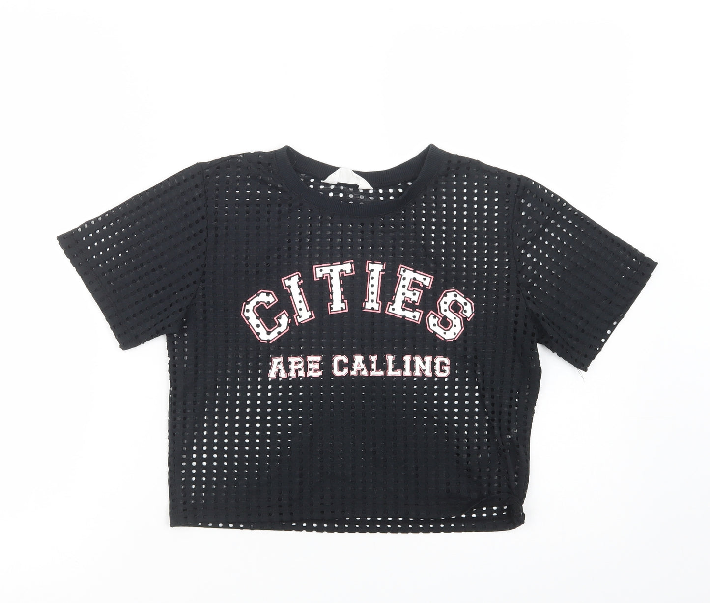 H&M Girls Black  Polyester Cropped T-Shirt Size 11-12 Years Crew Neck Pullover - Cities Are Calling