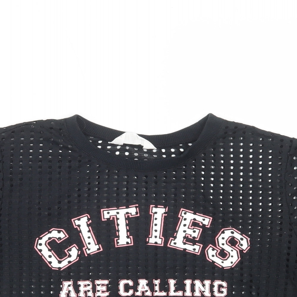 H&M Girls Black  Polyester Cropped T-Shirt Size 11-12 Years Crew Neck Pullover - Cities Are Calling