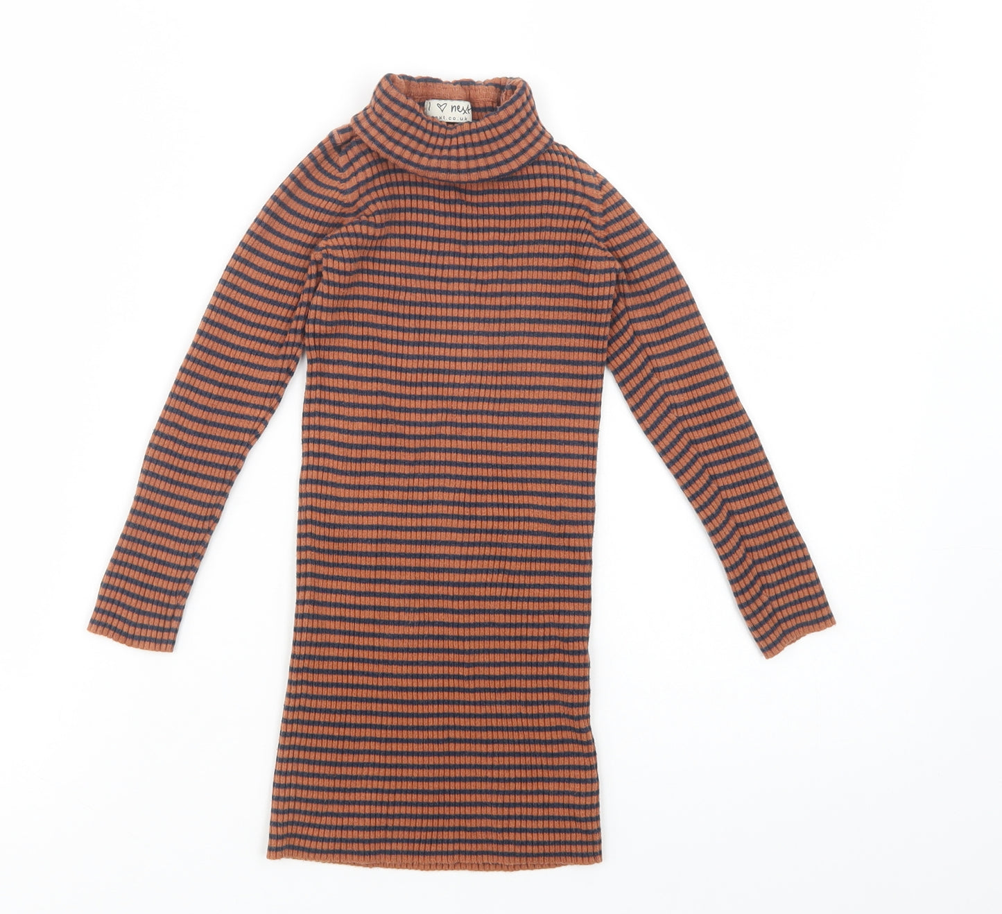 NEXT Girls Brown Roll Neck Striped Cotton Tunic Jumper Size 6 Years  Pullover