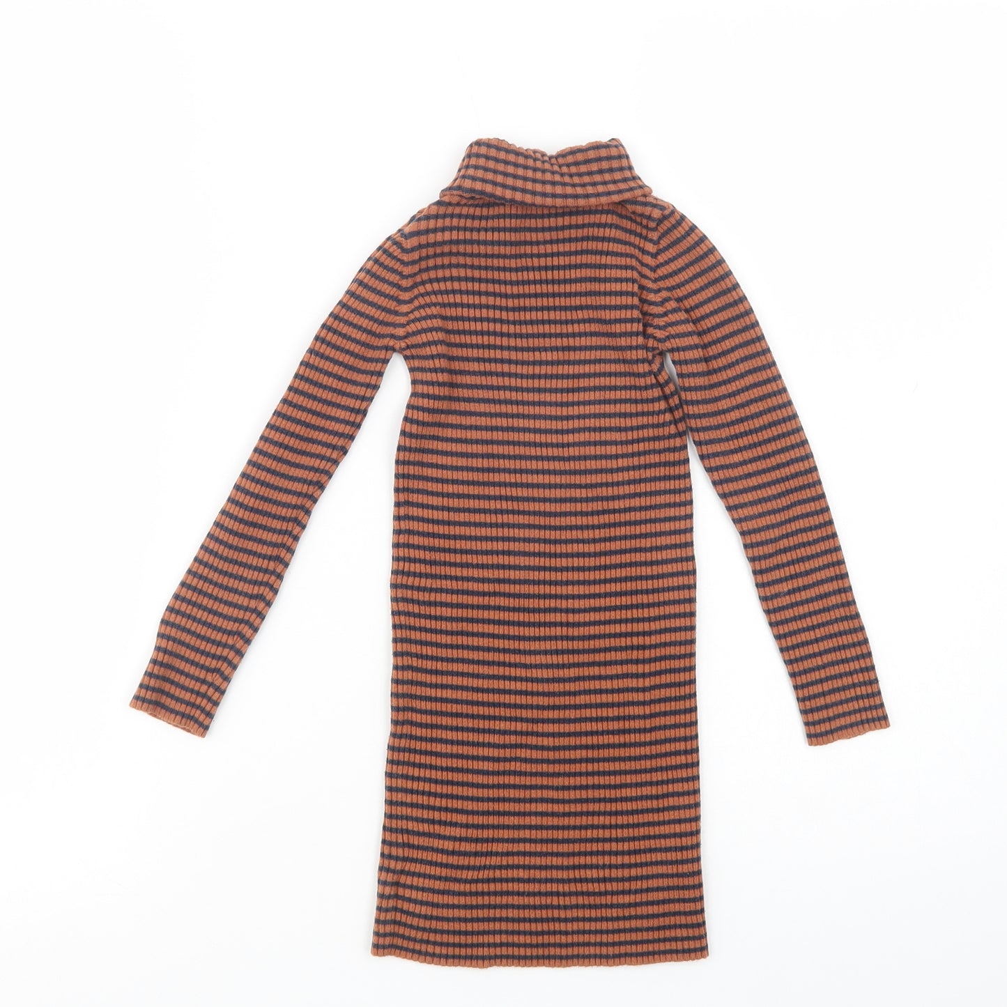 NEXT Girls Brown Roll Neck Striped Cotton Tunic Jumper Size 6 Years  Pullover