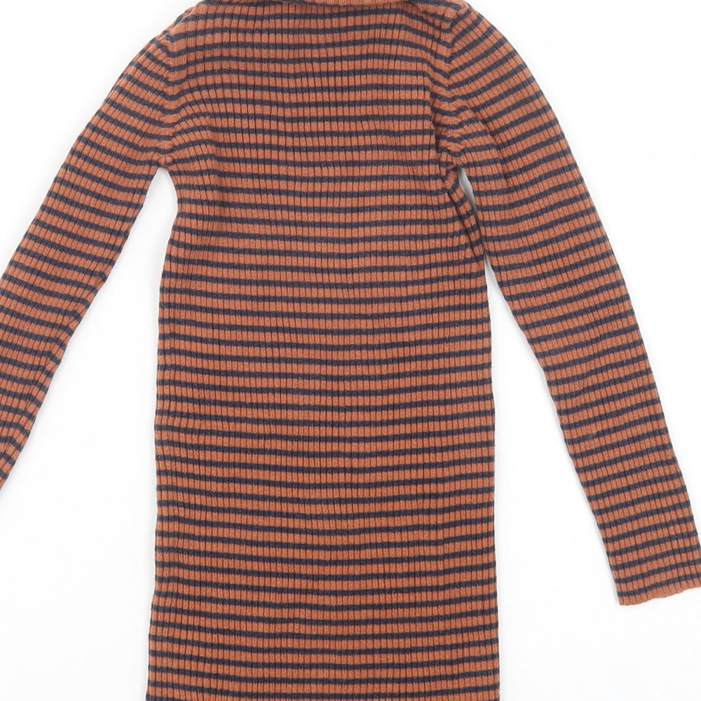 NEXT Girls Brown Roll Neck Striped Cotton Tunic Jumper Size 6 Years  Pullover