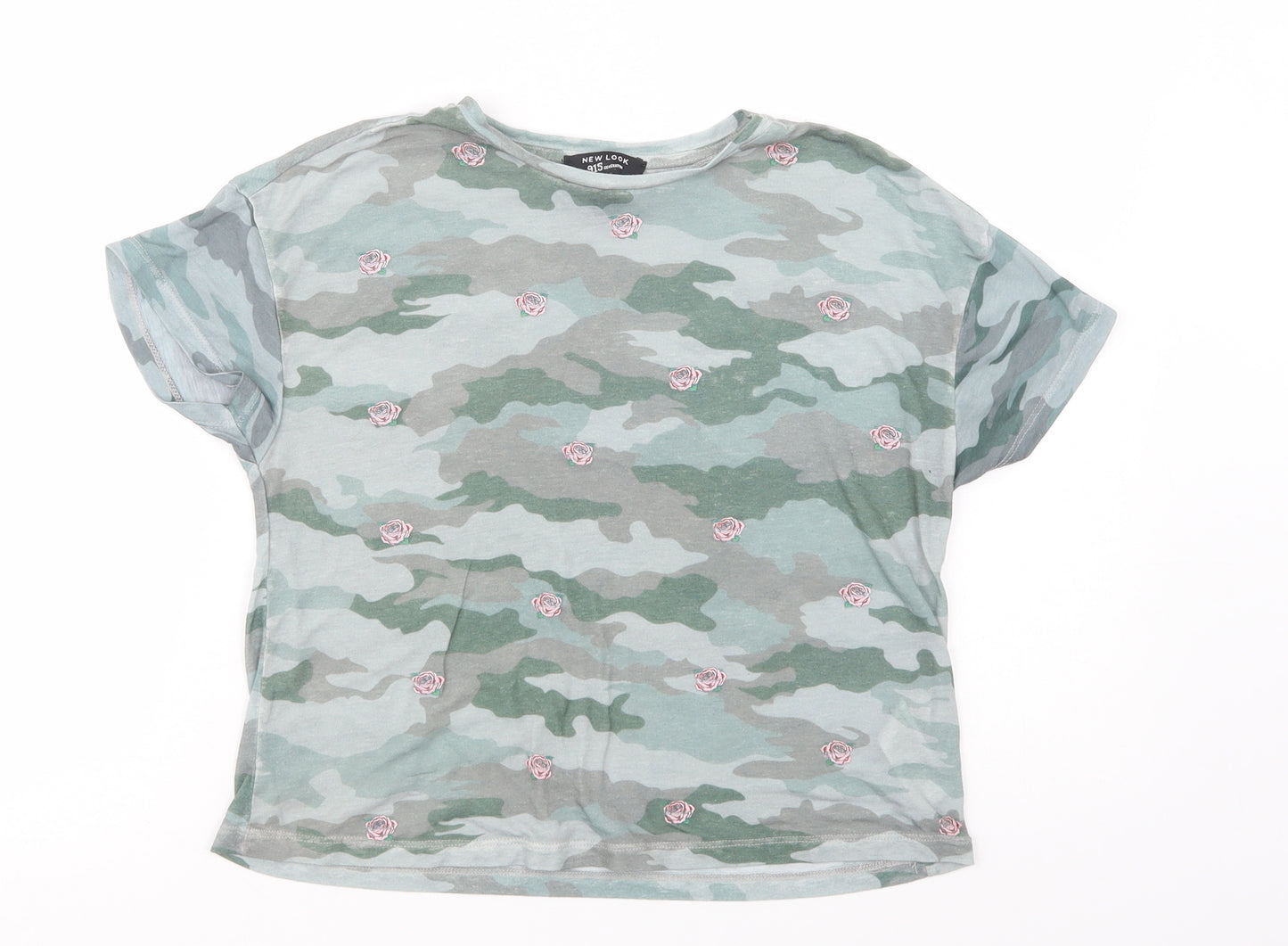 New Look Girls Green Camouflage Polyester Basic T-Shirt Size 10-11 Years Crew Neck Pullover