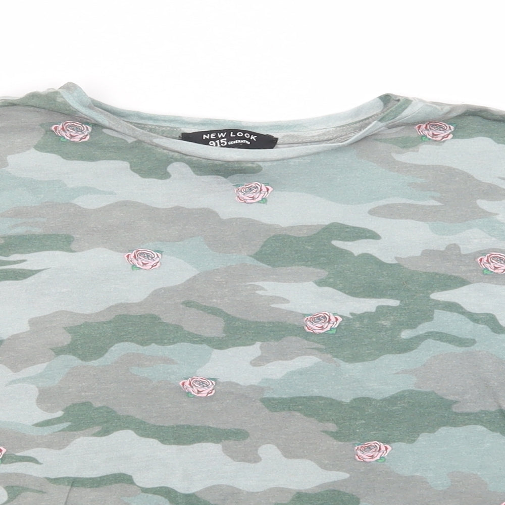 New Look Girls Green Camouflage Polyester Basic T-Shirt Size 10-11 Years Crew Neck Pullover