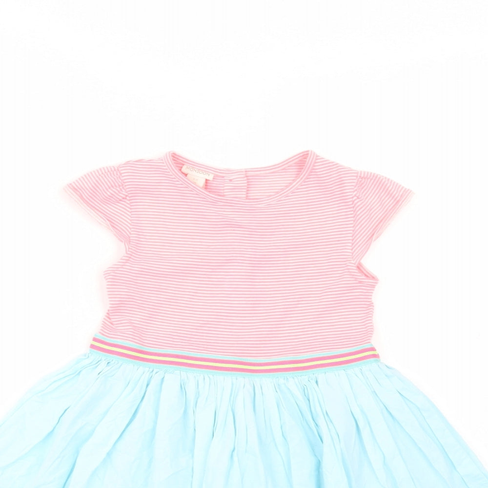 Monsoon Girls Blue Striped Polyester Fit & Flare  Size 2-3 Years  Crew Neck Button