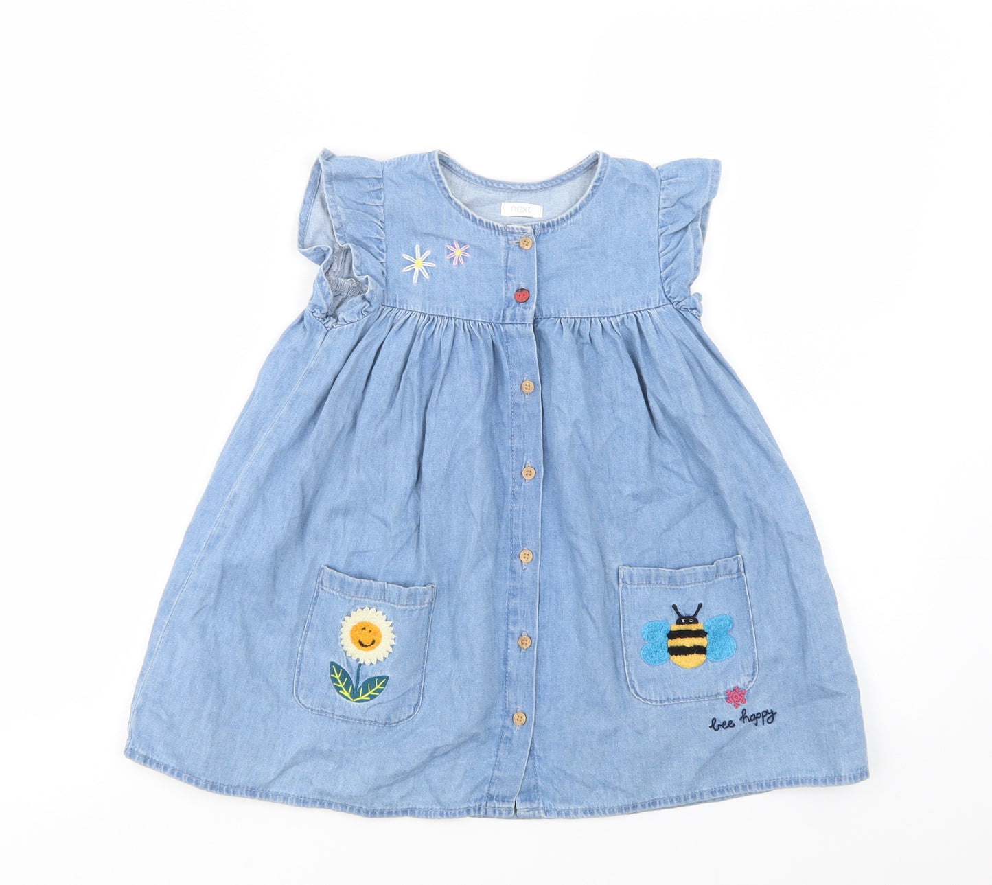 NEXT Girls Blue  Cotton Shirt Dress  Size 3-4 Years  Crew Neck Button